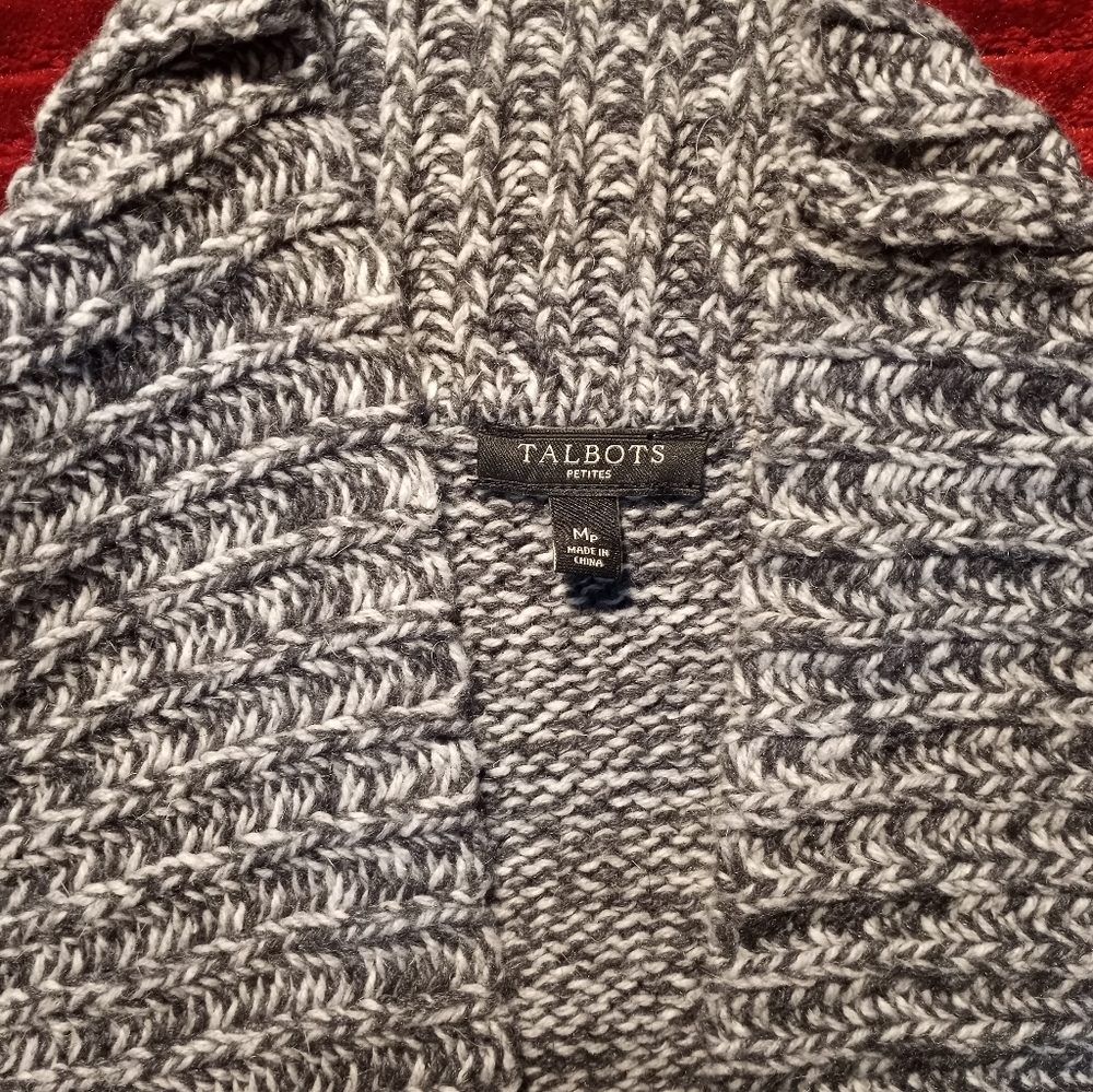 Talbots Knitted Sweater, Size MP, Grey, Long Sleeve, Open